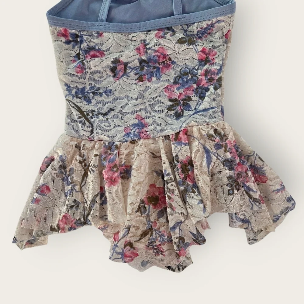 DANSCO Vintage Gym Foral Lace Leotard With Skirt. Size Small Fits 6 7.